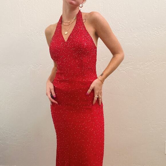 Vintage 1990's 100% Silk Red Beaded Formal Maxi Halter Gown - Picture 6 of 10
